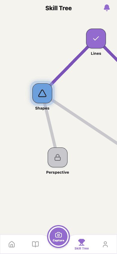 DrawSkills Skill Tree screen: Lines completed, Shapes active, and Perspective still locked, connected by the skill-tree paths.